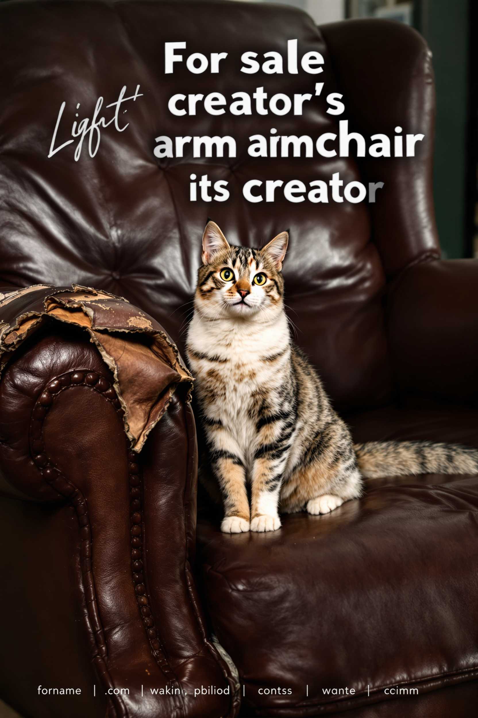 realistic image of a leather armchair with  the leather almost ripped off on the arms. A cat is siting on the  armchair with a curious look on its face, looking straight to the  camera. There is a text saying "For sale creator's armchair and its  creator" spelled exactly as spelled.