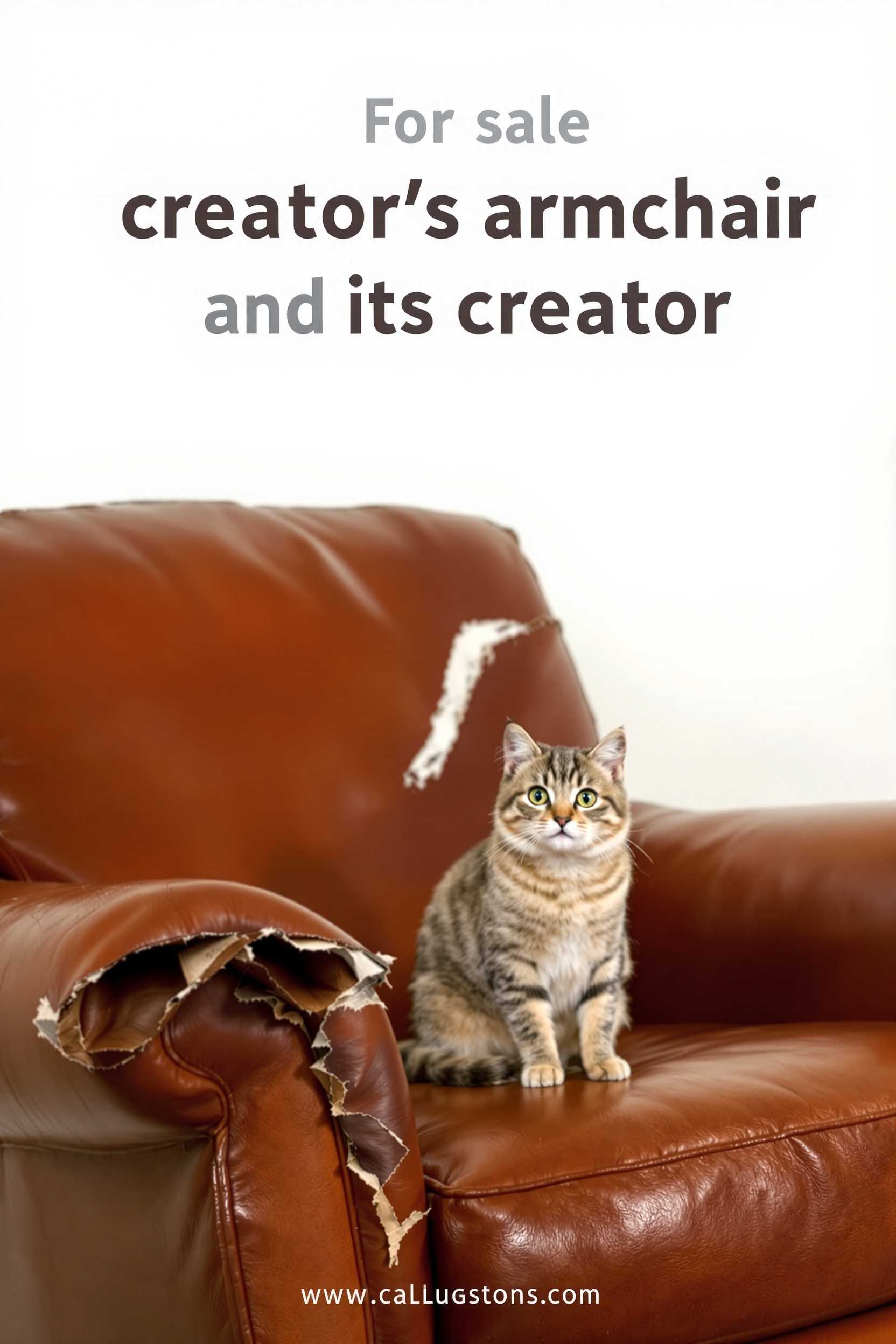 realistic image of a leather armchair with  the leather almost ripped off on the arms. A cat is siting on the  armchair with a curious look on its face, looking straight to the  camera. There is a text saying "For sale creator's armchair and its  creator" spelled exactly as spelled.