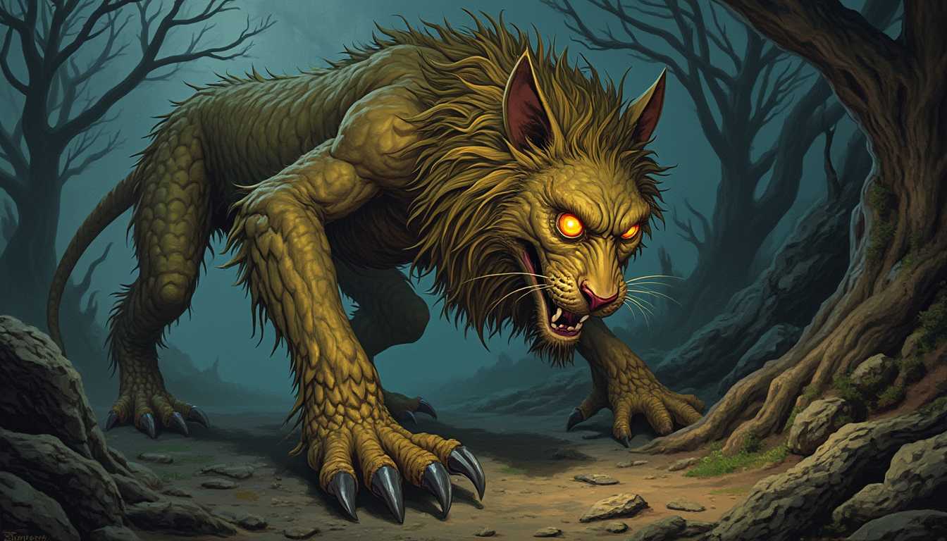 A **bandersnatch**, a fantastical creature from Lewis Carroll's "Jabberwocky," depicted in the **Victorian fantasy illustration style**, with a **sinewy, muscular body** reminiscent of a lion, yet possessing **reptilian scales** along its back and **talon-like claws**. It has **large, menacing eyes** that gleam with a **fiery intensity**, and **tufts of wild, spiky fur** around its neck and limbs. The **background** should reflect a **surreal, dreamlike landscape** with **twisted, gnarled trees** and **foggy, twilight lighting** to enhance the creature's **mystique and danger**. The **composition** should place the bandersnatch **front and center**, slightly off to one side to give a sense of **imminent movement or threat**, with a **low camera angle** to emphasize its **size and power**. The **mood** should be **ominous and foreboding**, with **shadows playing across the scene** to create a **high contrast** between light and dark, evoking a **sense of impending confrontation**.