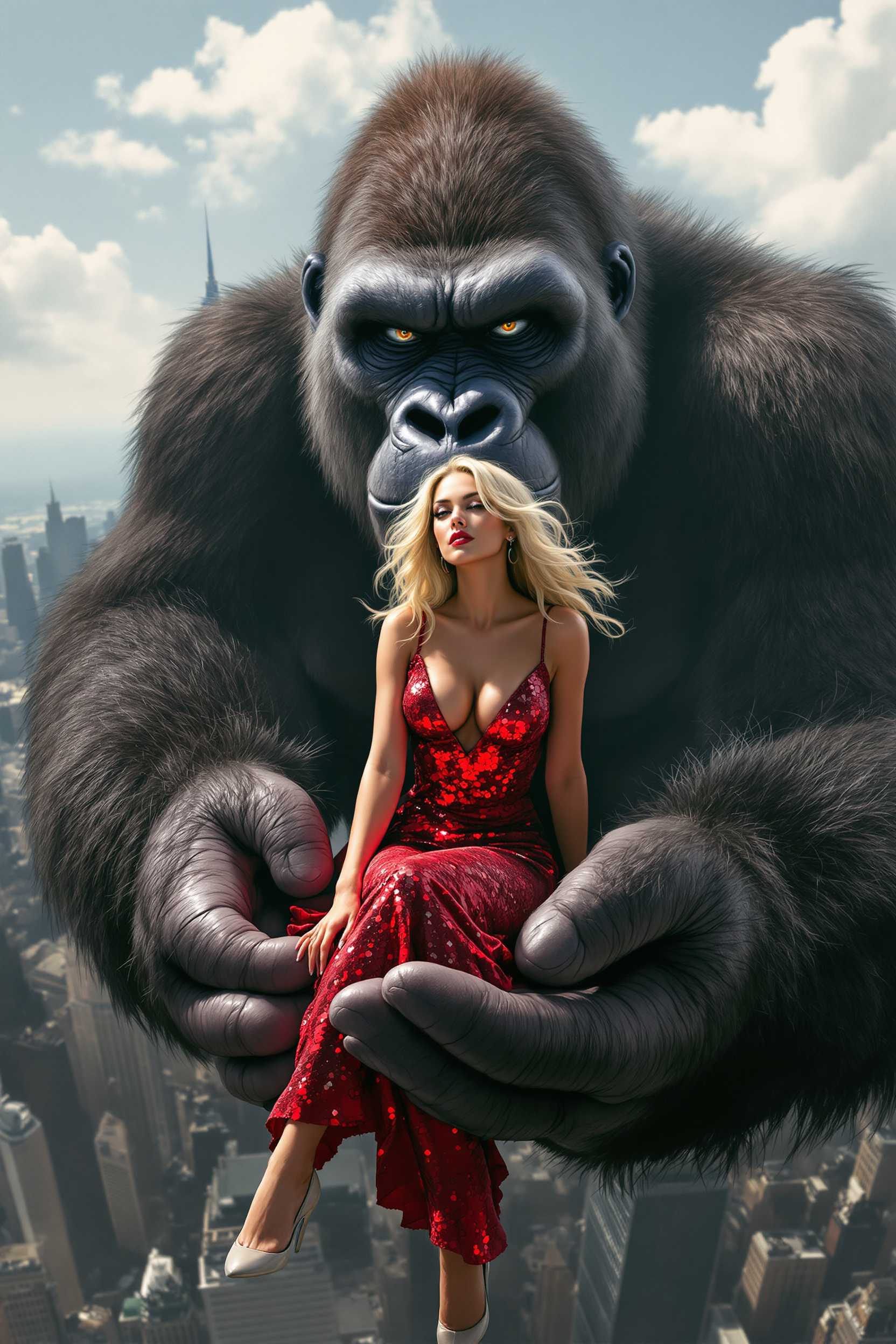 A photorealistic image of King Kong holding a blond woman sitting on the palm of his enormous hand, she is wearing a red sequence dress on the Empire State Building 