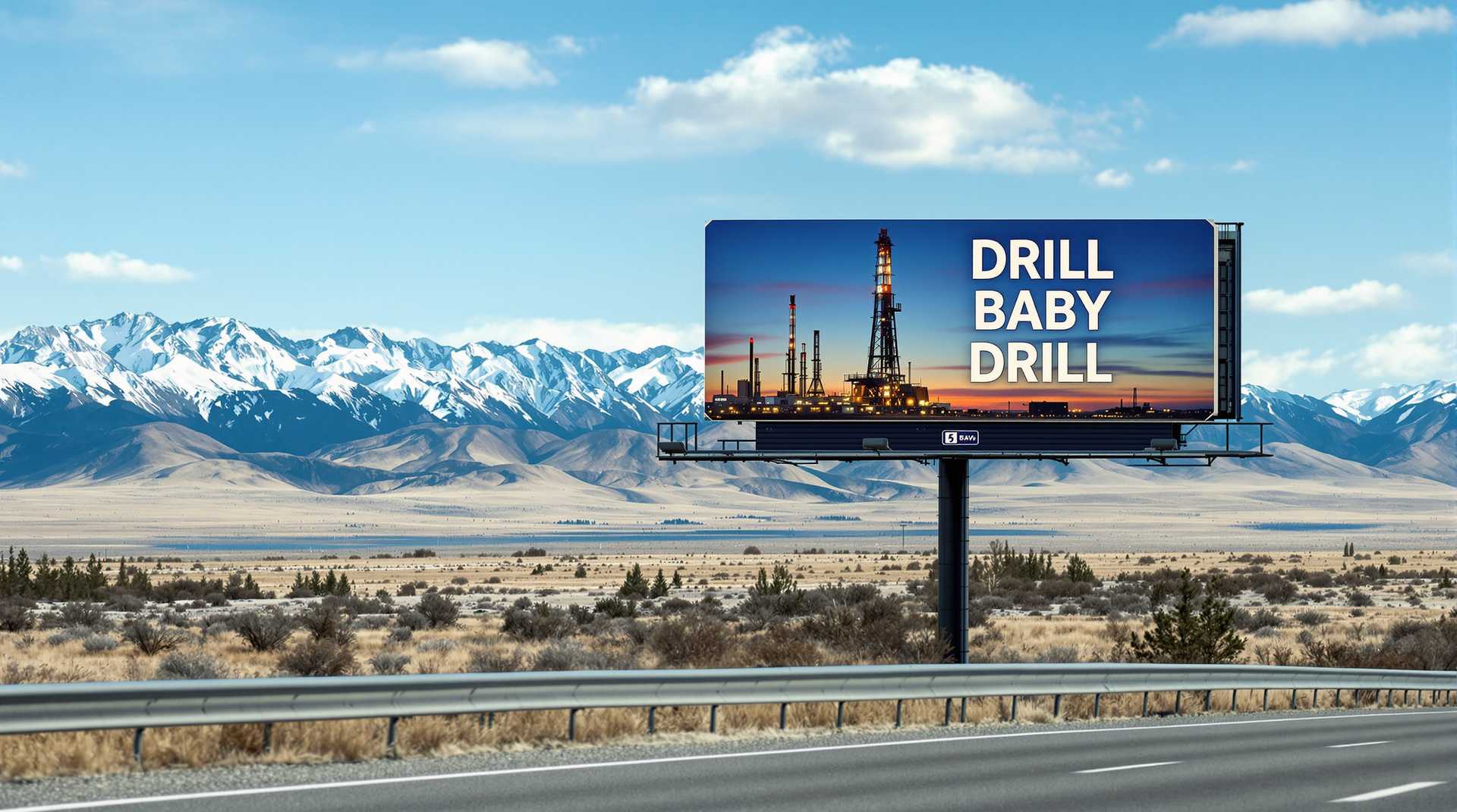 create an PHOTO of a bulletin board along a busy highway. 

The billboard has a image of a oil gas rig with the words that read "DRILL BABY DRILL"

Background an oil derek in a dry field Canadian rockies in the background