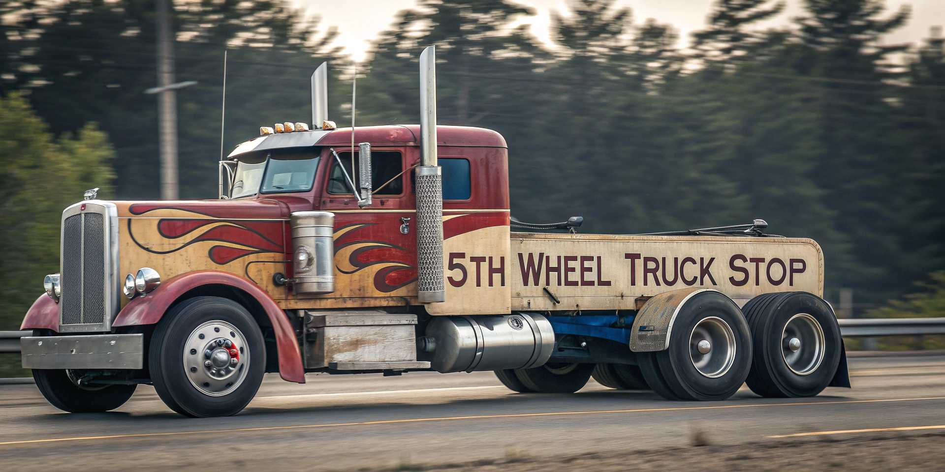 This image is a 1950's photo, retro 3D, pixar, chipped paint. The photo depicts a large, detailed semi truck with a striking flame design on the hood and cab. The truck is in motion, with its wheels and tires in sharp focus, giving the impression that it is speeding down the road. The truck is emblazoned with the words  read "5th Wheel TRUCK STOP" across the side, indicating that this is likely an advertisement for a trucking company or service. The art style of the photo is reminiscent of American road culture and the classic American trucking aesthetic. The colors are bold and vibrant, with a predominance of yellows, blacks, and whites. The flames on the truck are a bright yellow with black outlines, and the truck itself is primarily black with white detailing. The road beneath the truck is painted in black with white lines, and the surrounding area is a muted yellow and blue, suggesting a desert or open road setting.The mural also includes a highway sign on the left side, which reads NEW MEXICO US 66. This reference to Route 66, an iconic American highway that stretches from Chicago to Los Angeles, adds to the nostalgic feel of the photo and suggests that "5th Wheel TRUCK STOP" is located along this historic route. Overall, the PHOTO is a dynamic and eye catching piece of advertising art that captures the spirit of American road travel and trucking culture. HYPER-REALISTIC, PHOTOGRAPHY DISNEY PIXAR