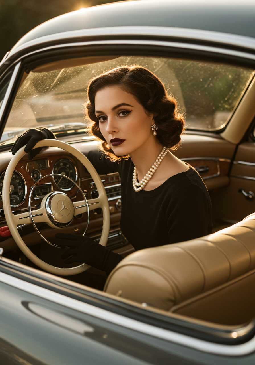 Ultra-luxe 1950s fashion portrait inside Mercedes 300SL leather cockpit, elegant brunette with professionally styled dark chocolate waves, immaculate victory rolls framing face, deep burgundy velvet lipstick, perfectly arched brows, smokey eyeshadow, black silk evening sweater with bateau neckline, three-strand pearl choker, diamond cluster earrings, view through driver's side window, hands gracefully positioned on ivory steering wheel, rich mahogany dashboard with gleaming chrome instruments visible, supple ivory leather seats, late afternoon sunlight streaming through curved windscreen casting golden highlights, shot on large format camera, Kodak Portra colors emphasizing rich browns and creams, high-end automotive campaign aesthetic, clear interior car composition showing door panel and dashboard details, sophisticated posed angle from driver's seat, Monte Carlo luxury mood 