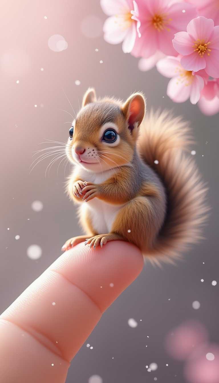 A hyper-realistic, ultra-detailed image of a tiny, fluffy baby squirrel sitting on the tip of a human finger, surrounded by delicate pink cherry blossoms. The background is soft and dreamy, with gentle snowfall adding a magical atmosphere. The squirrel has big, shiny eyes and a bushy tail that curls slightly, enhancing its cuteness. A pastel color palette enhances the warmth and charm of the scene. The focus is on the squirrel and the finger, with a blurred background creating a sense of depth. 