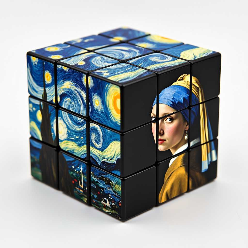 A magic cube (Rubik's cube) before it has been scrambled, with each set of 9 squares on the faces arranged to form famous artworks. The left face of the cube is composed of (Vincent van Gogh's The Starry Night), the right face is made up of (Johannes Vermeer’s Girl with a Pearl Earring), and the top face is formed by (Edvard Munch's The Scream). The cube is perfectly arranged, showcasing the vibrant and iconic details of these masterpieces on each side.
