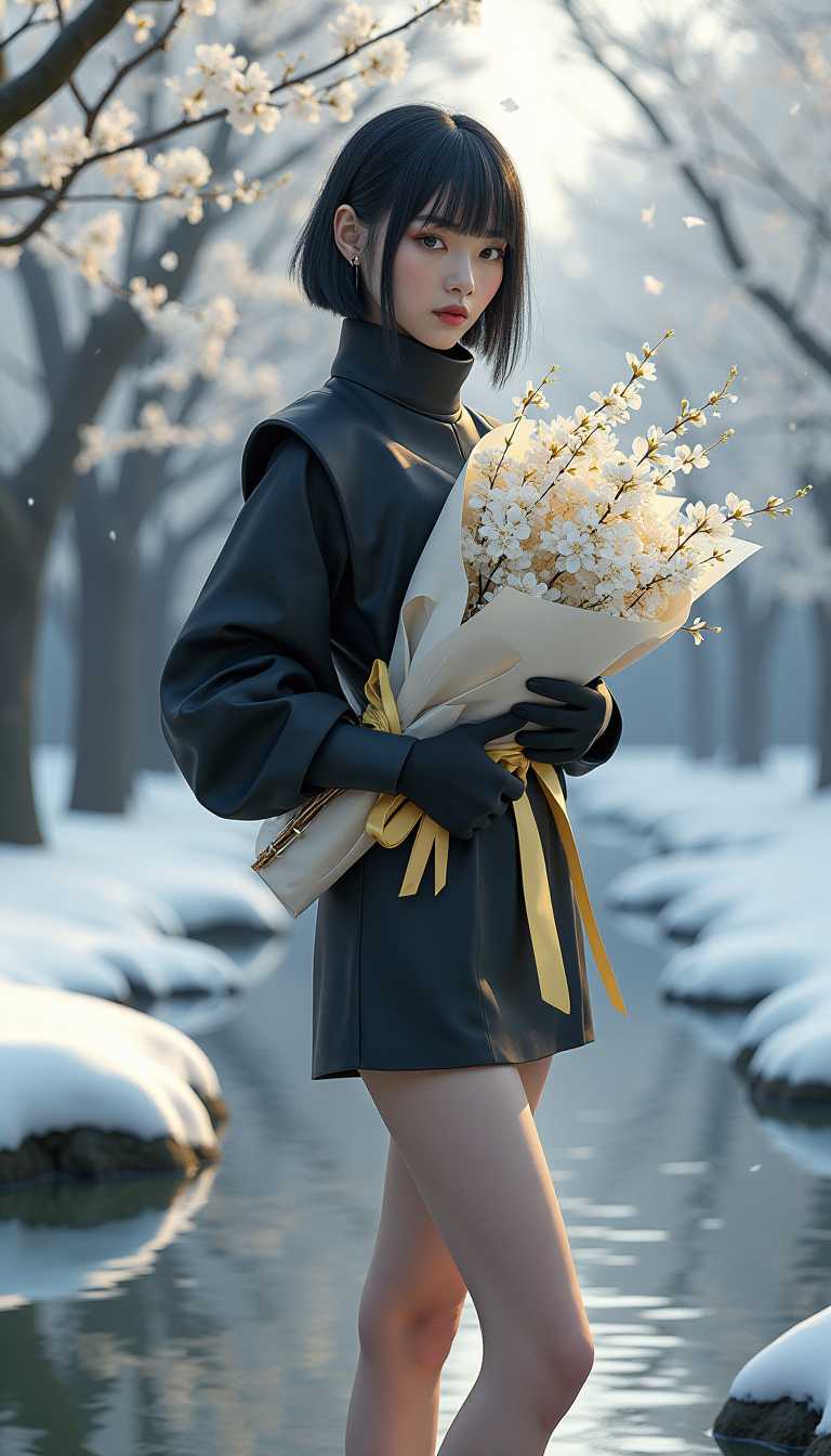 ultra realistic, ultra detail, 64K,fatima,Hand,VNS_Add more details, A 20-year-old beautiful woman dressed in ((futuristic:1.4)), stylish clothing with black and gray as the primary color tones. She wears a sleek short skirt, large padded shoulders, and has a sharp, modern hairstyle. She holds a delicate white plum blossom bouquet, wrapped in exquisite packaging paper and tied with a soft yellow satin ribbon. She stands gracefully on the surface of a small pond, surrounded by snow-covered edges. In the background, plum blossom trees are in full bloom, with soft white petals gently falling around her. The air is filled with floating ice crystals and snowflakes, creating a magical winter atmosphere. In the foreground, a blurred ice crystal floats delicately in the air, adding to the ethereal, futuristic ambiance of the scene. The combination of modern fashion, winter beauty, and delicate blossoms creates a serene, otherworldly atmosphere.