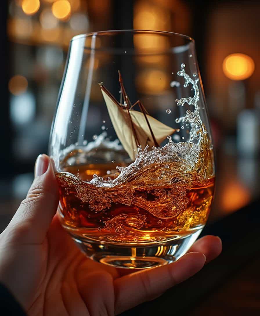 A hand holding a whiskey glass, with the whiskey inside swirling in large, dramatic whiskey waves. Amidst the waves, a small sailboat is navigating the turbulent whiskey water. The scene is set in a stylish, modern bar, with sleek, elegant design elements and dim lighting. The glass catches the light, creating a captivating contrast between the whiskey’s movement and the calm ambiance of the bar. (close up:1.3)
