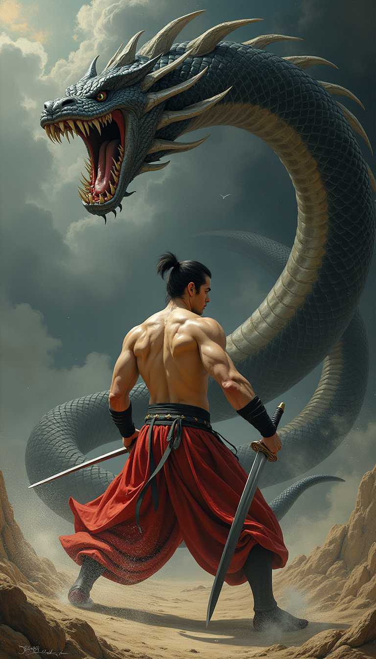 ultra realistic, ultra detail, 64K, swing sword, A dynamic scene in the style of Leonardo da Vinci, featuring a 20-year-old (handsome Japanese man), shirtless and wearing traditional Japanese hakama pants, holding a gleaming katana as he stands in a powerful combat stance. His muscular frame and confident expression embody strength and determination. In front of him is a fearsome, ((eight-headed serpent:1.4)), each head menacingly raised, with gaping mouths revealing sharp, terrifying fangs. The serpent’s scales glisten in dark, ominous hues, and its many coils create an imposing, intimidating presence. The background is dramatic, with swirling winds and dark clouds, reflecting the intensity of this mythical battle. The scene is captured in the intricate and realistic style of the Renaissance, with detailed anatomy and shading reminiscent of da Vinci’s masterpieces, focusing on the tension between the warrior and the monstrous serpent. (side view:1.2)