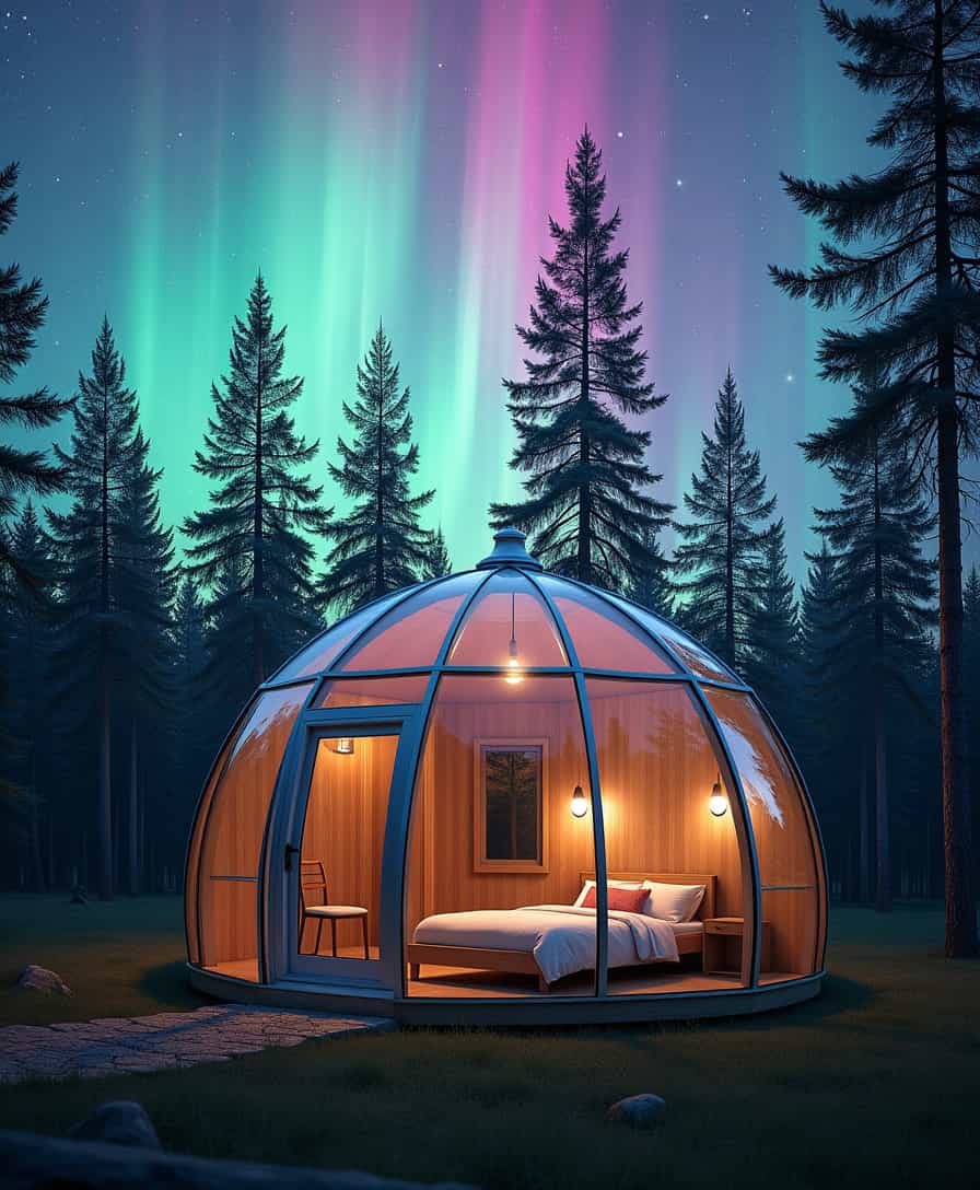 A hemispherical glass house nestled in a forest in Finland. The house is designed with minimalist Scandinavian aesthetics, with a cozy bed, a wardrobe, a desk, and a chair visible through the transparent glass walls. The interior is simple yet elegant, reflecting Nordic design principles. There’s a door leading into the house. Above, the sky is alive with vibrant, dancing auroras, casting colorful lights across the peaceful forest surroundings.