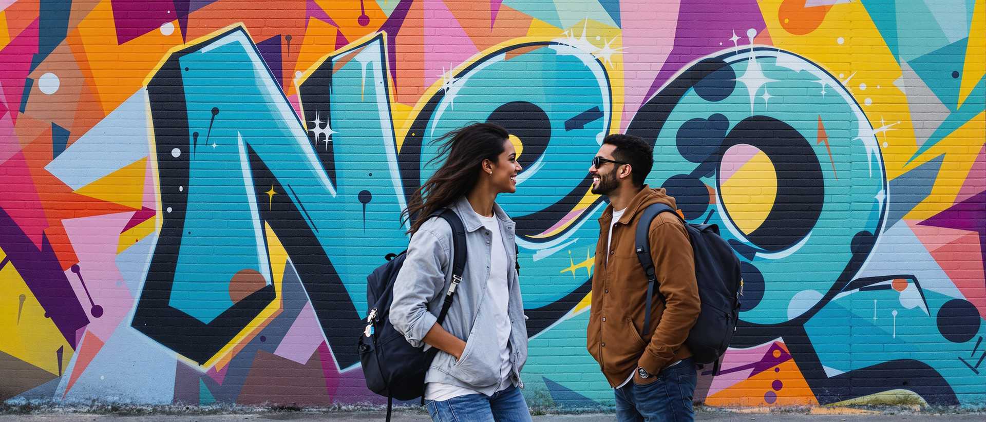 This image captures a moment of urban environment offering hope with the casual stride of photographers some are carrying backpacks.
 The medium appears to be a high-resolution photograph, likely taken with a DSLR or mirrorless camera, given the sharpness and clarity of the details. 
The art style leans towards documentary photography, focusing on the interplay between the subjects and the environment.
The wall behind the subject is a canvas of brilliant 3D paint likely painted by graffiti artist, with one word, Neo, creating a mural behind the students.  An exciting colorful backdrop that contrasts with the subjects smooth clothing. 
The lighting is soft and diffused, casting gentle shadows and contributing to a hopeful atmosphere. 
The subject are dressed in contrasting styles and colors, separating people from the colorful background mural.
The postures are relaxed expressions of excitement and happiness.   
  The objects in the image are primarily the subjects clothing and the colorful muralled wall. 
   Overall, the image evokes a sense of anticipation of what the future holds for them.
