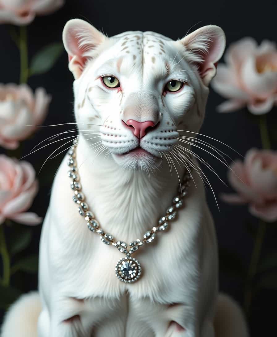 A beautiful white panther wearing diamond necklaces, set against a black and white background with peonies, in a cinematic style, photographed in the style of David LaChapelle.