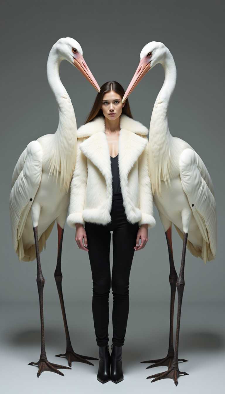 A woman model wearing black pants and a white fur coat is standing between two giant herons with long necks, in the style of Iris van Herpen. The setting has a gray background. 