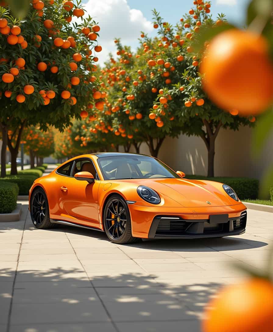 An orange Porsche 911 sports car parked on a light gray pavement, surrounded by a vibrant background showing oranges trees. The car is positioned at an angle showcasing the rear and side profile, emphasizing its sleek curves and modern design. The oranges in the background and foreground are vivid, creating a colorful, playful contrast with the car’s matching orange paint. Bright daylight, sharp details, and a clean, high-resolution aesthetic 