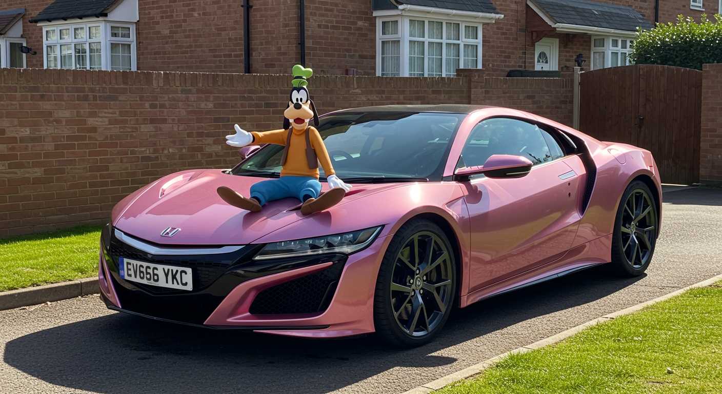 Create image: 2021 new Honda NSX in metallic pink & white in a UK driveway, Disney pixar goofy sitting on the hood