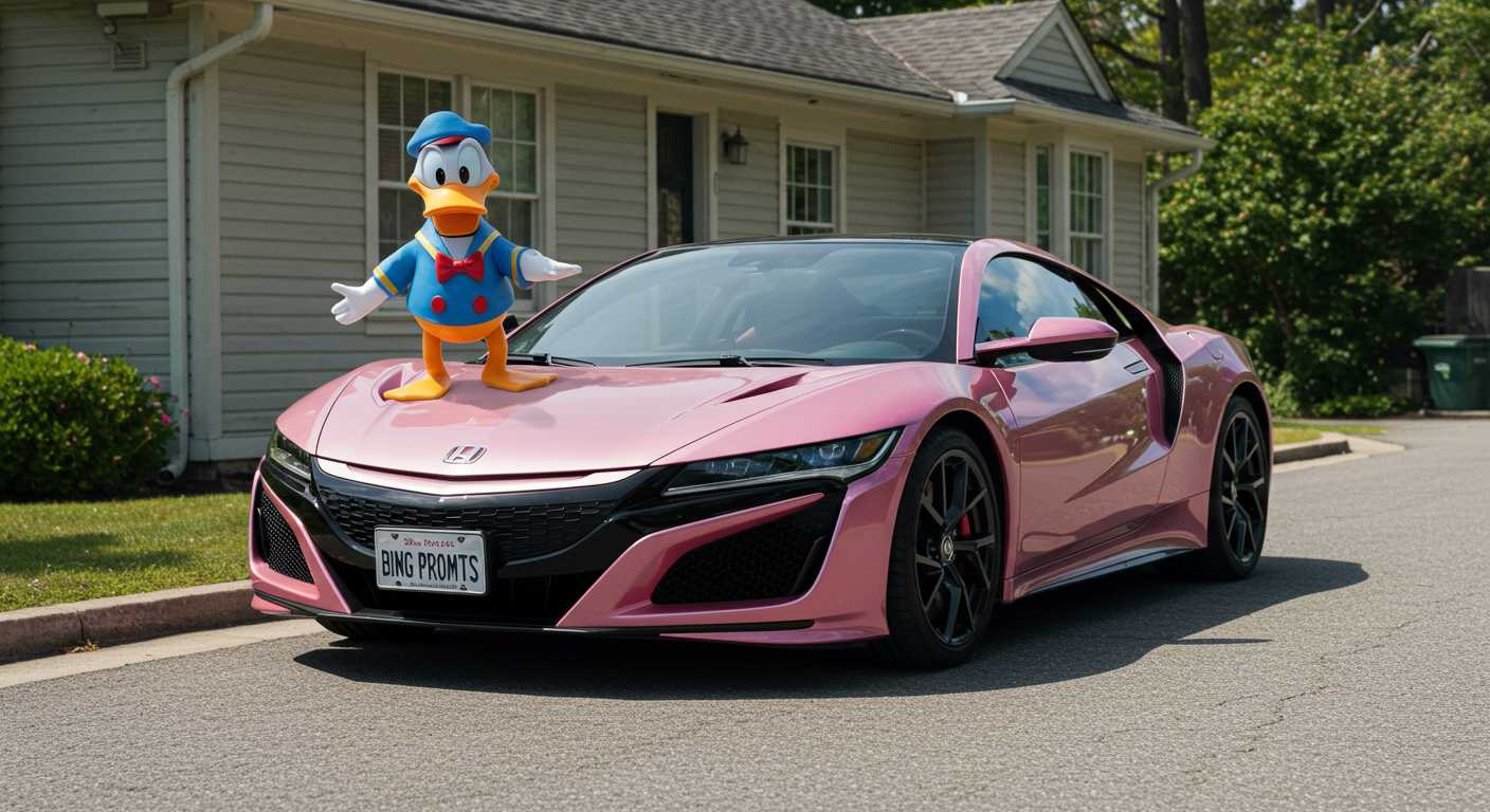 Create image: 2021 new Honda NSX in metallic pink & white in a 1950' HOUSE driveway, Disney pixar BIG DAFFY DUCK sitting on the hood.. license plate reads "BING PROMPTS"