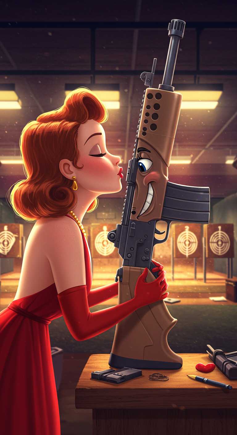 Create a woman seductively hugging a human size semi-auto rifle kissing it. The gun is smiling at the viewer, Disney pixar. Background a shooting range