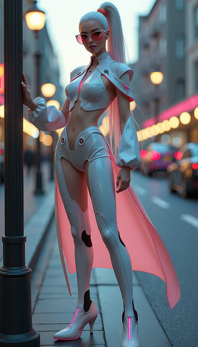 ultra realistic, ultra detail, 64K,fatima,Hand,VNS_Add more details, A 20-year-old beautiful woman wearing a futuristic, fashion-forward outfit inspired by lotus flowers, with sleek, modern designs and glowing accents. Her hairstyle and makeup are ultra-modern, showcasing a futuristic and stylish look. She strikes a fashionable pose next to a street lamp on the sidewalk, exuding confidence and elegance. The scene combines a high-tech, trendy vibe with an urban atmosphere, creating a unique and chic visual.