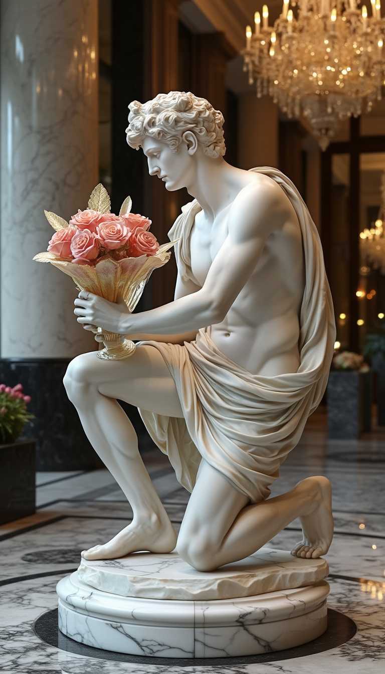 A Michelangelo-style handsome marble statue, wearing Greek attire, kneeling on one leg with both hands holding a delicate ((glass bouquet)). ((The bouquet is made of glass roses and glass wrapping paper)). This fusion of marble sculpture and glass art is displayed in the luxurious lobby of a high-end hotel, surrounded by opulent décor and soft lighting that highlights the elegance of the piece