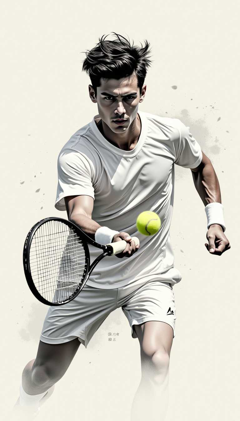 A 20-year-old handsome male tennis player depicted in an ink wash painting style. The scene captures the moment when his tennis racket makes contact with the ball, frozen in time. The player’s athletic form is fluid and dynamic, with strong, expressive brushstrokes highlighting his movement and power. The racket and ball are at the center of the composition, surrounded by a soft, flowing wash of ink that emphasizes the speed and precision of the moment. The traditional ink painting style adds a sense of grace and artistry to the intensity of the athletic action.