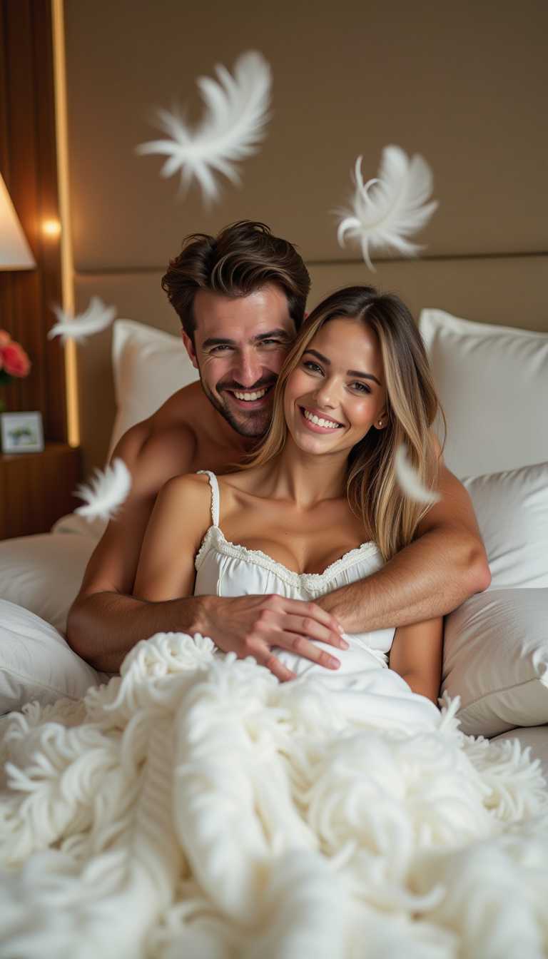 A handsome man embracing a beautiful woman from behind, both with wide smiles and a joyful expression on their faces, clearly enjoying the moment. The room around them is filled with ((many soft, floating feathers)) from a recent pillow fight, with some feathers appearing blurry in the foreground, creating a sense of motion and excitement. The luxurious deluxe suite of a high-end hotel serves as the backdrop, with plush furniture, elegant décor, and soft lighting adding to the opulent atmosphere. The bedding is disheveled, with pillows scattered around, adding to the playful, carefree vibe of the scene. (close up:1.2)
