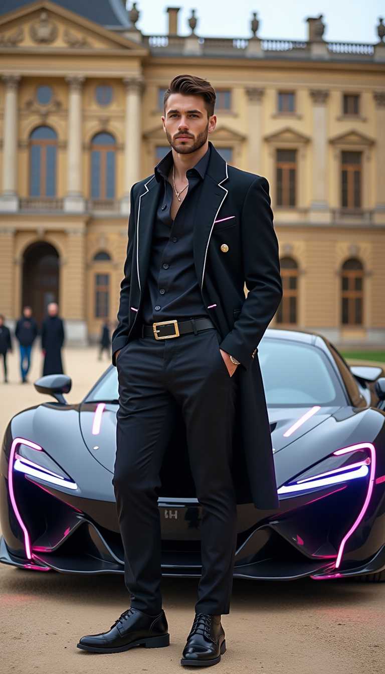 A stylish handsome man with a fashionable look featuring subtle cyberpunk elements in his outfit, such as neon accents, sleek materials, and futuristic details. He stands confidently next to a cyberpunk supercar, which boasts glowing neon lines, sharp angles, and high-tech features. In the background, the grand Palace of Versailles provides a stunning contrast with its classical architecture, enhancing the fusion of modern cyberpunk aesthetics with the historic elegance of Paris. The scene captures a unique blend of high fashion, advanced technology, and opulent surroundings.