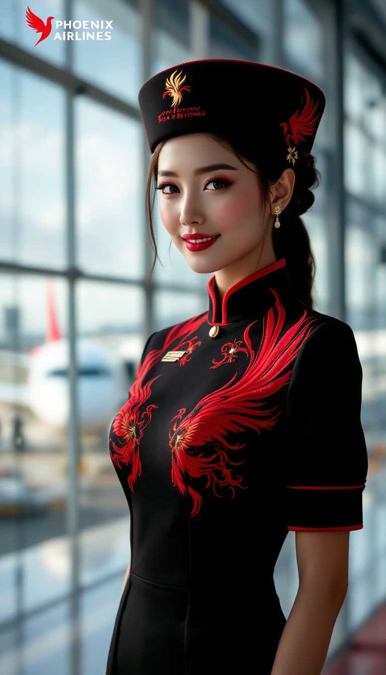 ultra realistic, ultra realistic, 64K,fatima,Hand,VNS_Add more details, a poster for Phoenix Airlines, featuring a beautiful female flight attendant dressed in the airline’s 2025 latest uniform. The uniform is stylishly designed with elements of the phoenix, using red as the primary color and black as a complementary accent. In the background, the airport gate is visible, with a large floor-to-ceiling window showing a Phoenix Airlines aircraft connected to the terminal by a jet bridge. The airline’s iconic logo is prominently displayed. The poster includes the name ('Phoenix Airlines') at the top and the tagline ('Soar Beyond') at the bottom, highlighting the elegance, professionalism, and modernity of the airline. (close up:1.2)