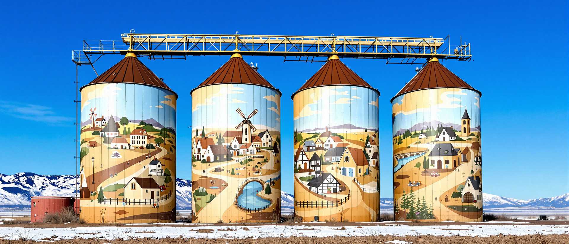 This image captures a striking and unusual sight a quartet of grain silos painted with a mural that depicts a charming, pastoral scene. The silos are painted in a warm, golden hue, which contrasts with the cool blues and earth tones of the mural.The mural is a picturesque representation of a quaint village, complete with quaint houses, a church, a windmill, and a bridge over a body of water. The scene is rendered in a realistic style, with attention to detail and a sense of depth that brings the village to life. The colors are soft and muted, with a harmonious blend of earthy browns, soft blues, and warm yellows and oranges.The silos themselves are cylindrical in shape, with conical tops. They are painted in a uniform golden color, which stands out against the clear blue sky. The silos are connected by a metal walkway that runs horizontally across the top, providing access for maintenance or inspection.In the foreground, the landscape is barren and flat, with patches of snow indicating that the season might be winter or early spring. Sparse vegetation dots the landscape, and in the distance, a mountain range can be seen, adding to the rural and isolated feel of the scene.Overall, the image is a blend of industrial and artistic elements, creating a unique and visually compelling tableau that juxtaposes the mundane with the beautiful.