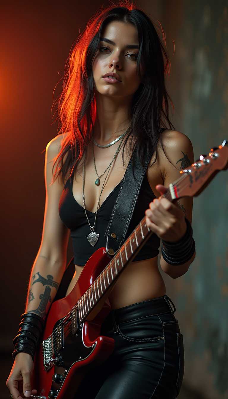 ultra realistic, ultra detailed image, ultra quality,  cinematic, ((full body shot)), a beautiful rocker metal girl, posing sensually, holding a guitar,silver necklace, wearing boots,colors:  violet, orange, brown, black  photorealistic, real photography,  Photorealistic, Hyperdetailed, analog style, soft lighting, subsurface scattering, heavy shadows, masterpiece, best quality, 8k, golden ratio, Intricate high Detail, film photography, soft focus, RAW candid cinema, 16mm, color graded portra 400 film, remarkable color, ultra realistic textured skin showcasing soft wrinkles, expression marks, skin pores, subtle skin imperfections, remarkable detailed pupils, realistic dull skin noise, visible skin detail, skin fuzz, dry skin, shot with cinematic camera