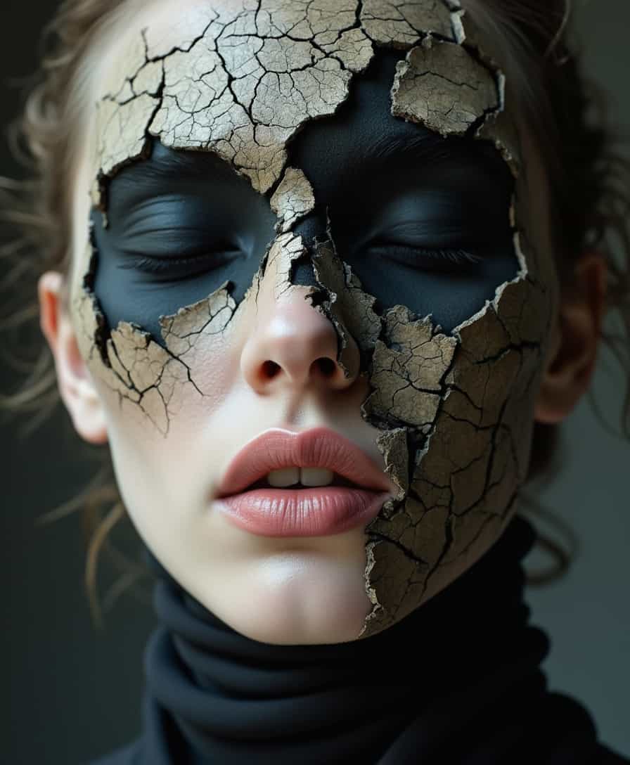 A conceptual, close-up photograph portrays a woman's face partially covered by a layer of meticulously crafted, cracked and peeling makeup or prosthetic material, resembling aged, fragmented stone or dried paint, creating a striking, textural effect. The woman's visible features include a small, delicate nose and full, slightly parted lips with a natural, pale pink color and a subtle, glossy sheen, suggesting a hint of lip balm or moisture. The eyes are completely concealed beneath thick, opaque black material applied to the cracked surface, creating deep, unsettling voids where the eyes should be. The visible skin is fair and smooth, but with carefully applied makeup to mimic fine cracks and lines, blending seamlessly with the texture of the artificial surface. The woman is wearing a high-necked, dark, almost black garment that covers the lower portion of her neck and blends into the shadows, The body pose is tilted a little. The lighting is soft and even, likely from diffused studio lights, creating subtle shadows that emphasize the depth and texture of the cracked material and the contours of the woman's face, without harsh highlights or deep shadows., 