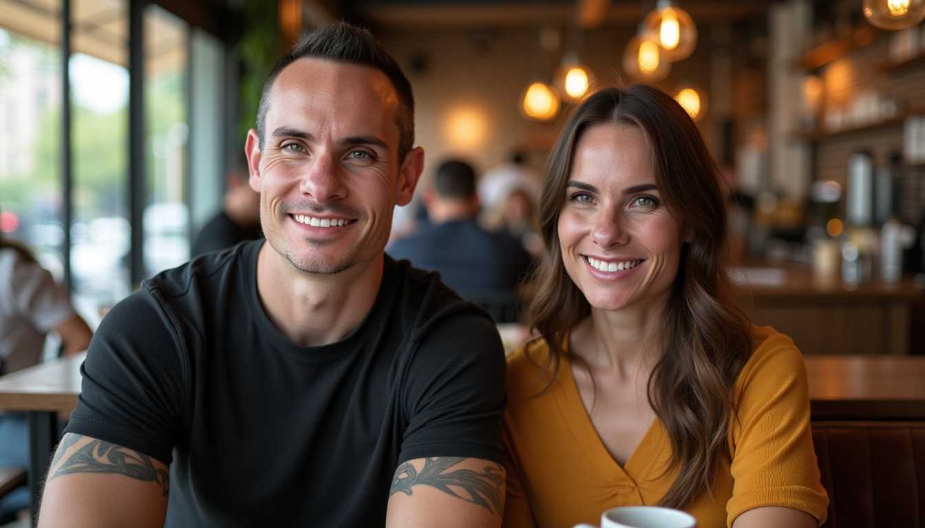 a photo of BLOVE man with short hair, sitting next to a brunette woman in a cafe
