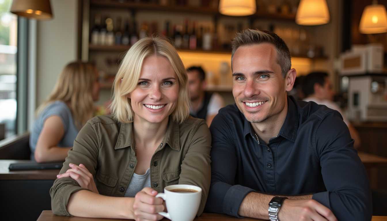 a photo of BLOVE man with short hair, sitting in a cafe next to a blonde woman