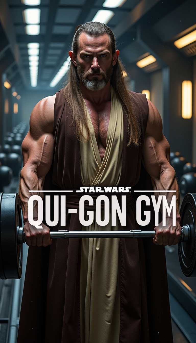 Qui-Gon Jinn from The Phantom Menace, wearing a sleeveless Jedi robe that shows off his massive muscles, with huge biceps and broad shoulders, showcasing a powerful physique. He’s lifting weights in a futuristic space gym, surrounded by advanced gym equipment and a cosmic, starry backdrop. The lighting is dramatic, highlighting his chiseled form and intense focus. He has his signature long hair and beard, and his expression is determined as he lifts. In the middle of the image, there’s a text overlay in Star Wars font that reads 'Qui-Gon Gym', in bold and iconic lettering