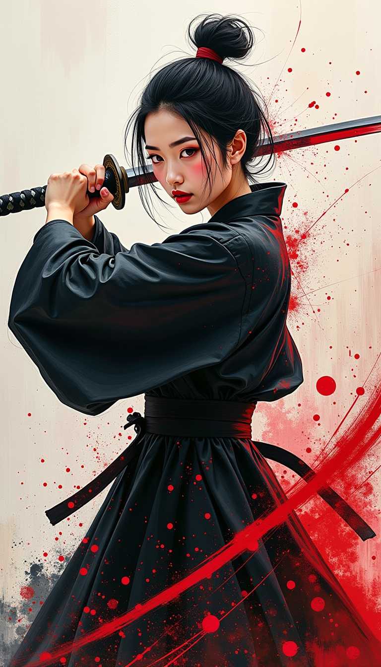 kwil, Create an abstract expressionism painting: A dynamic and expressive painting of a mid-aged woman wielding a sword. The woman is dressed in traditional black clothing with hair tied in a knot. The scene captures the motion of the sword with bold red and black brushstrokes, creating a dramatic effect. The background is bright, contrasting with the dark and red colors of the figure and brushstrokes. Red splatters and lines add an intense and energetic atmosphere. The painting features a mix of expressionism and abstract art, with symbolic representation of strength and movement. Influences of traditional Japanese art and culture are evident.