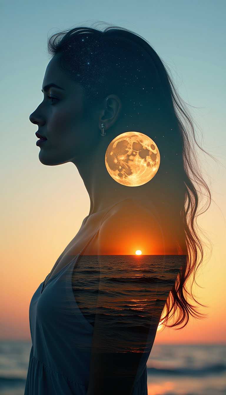 A medium shot captures a photograph that creatively mimics the double exposure effect of the original digital artwork using in-camera techniques, practical effects, or sophisticated post-processing, the lighting is carefully controlled to simulate the multiple light sources within the composite image: a warm, directional light for the "sunset," a softer, diffused light for the "moon," and subtle, scattered light for the "stars." The figure's Body pose is a model, posed in profile facing to the left, with her head slightly tilted upwards and her long hair flowing down her back, her stance is still, conveying serenity. A projector is used to project a pre-prepared image of a sunset seascape, complete with a large full moon and a smaller setting sun, onto a screen or surface behind the model, with the model positioned in a way that her silhouette "contains" the projected scene, the ocean's waves in the projected image are subtly animated or created using practical effects, like moving a sheer fabric in front of the projector. For the starry night sky effect, several techniques could be combined: small LED lights or fiber optics could be attached to a dark fabric or screen placed behind the model, strategically positioned within the silhouette of her head, or reflective particles could be suspended in the air using a fine mist or spray, catching the light from strategically placed sources, alternatively, a second projector could be used to project a starry sky image onto the upper portion of the model's silhouette. The background is created using a combination of projected images and physical backdrops, with a gradient from dark blue to lighter blue and orange, achieved through lighting gels or painted surfaces, the photograph with carefully controlled projections, lighting, and model posing, creating a realistic, yet dreamlike and surreal, interpretation of the digital artwork, capturing the essence of the double exposure effect in a tangible way.