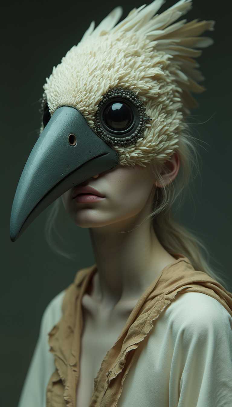 A medium, slightly low-angle shot presents a digital artwork of a figure, likely female, wearing an elaborate bird-like mask that covers the upper portion of her face, set against the blurred-dark-green background, and with a color palette dominated by soft browns, off-whites, and the dark blue-gray of the beak, creating a surreal and somewhat unsettling atmosphere. The Figure, with its Body pose is facing mostly forward, but with the head tilted slightly downwards and to the right, creating a contemplative or mysterious mood, with The pose being mostly static, drawing attention to the intricate details of the mask and the figure's exposed features. The image composition blends realistic rendering with surreal elements, suggesting a combination of digital painting and photorealistic techniques. The mask is the focal point, resembling the head of a bird, with a large, dark eye, textured, off-white feathers, and a long, pointed, dark blue-gray beak, the mask covers the eyes and forehead, blending seamlessly with a draped, textured, brown fabric that resembles aged cloth or feathers. The figure's lower face is exposed, revealing pale skin, a slender nose, and softly parted, pale pink lips, with some subtle freckles visible on the cheeks and forehead. Her hair is a light, silvery-blonde, with loose strands framing the face and blending with the colors of the mask and clothing. She is wearing a loose-fitting, off-white garment, resembling a tunic or robe, with a draped, textured fabric around the neck and shoulders. The background is a dark, indistinct blur, creating a sense of depth and isolating the figure, the lighting is soft and diffused, originating from the front and slightly above, casting subtle shadows on the face and mask, and emphasizing the textures of the feathers, fabric, and skin.