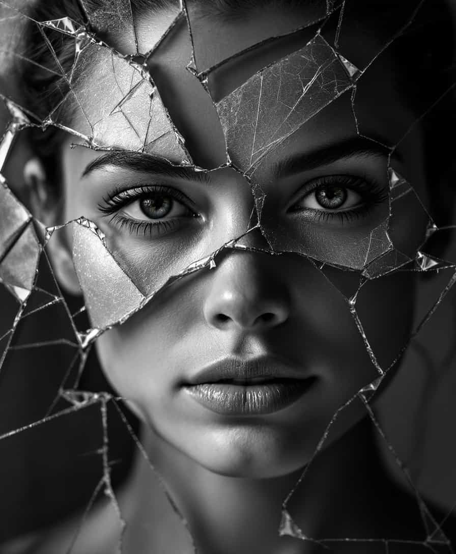 A close-up, black and white, artistic rendering presents a fragmented portrait of a woman's face, overlaid with what appears to be shattered glass or a similar fractured pattern. The image utilizes a high-contrast, grayscale palette, emphasizing the stark lines and sharp edges of the cracks that obscure and dissect the facial features. The woman's eyes are visible through the gaps in the fractured pattern, looking outwards with a sense of intensity or vulnerability, her eyebrows are well-defined, and the bridge of her nose and her full lips, slightly parted, are also discernible, adding to the human element beneath the abstract overlay. The body pose is facing directly forward, almost confronting the viewer, although the fractured effect gives a sense of disconnection or internal turmoil, the fragments are of irregular shapes and various sizes, creating a dynamic, chaotic composition across the woman's face. The lighting is dramatic, with bright highlights on the edges of the 'cracks' and deep shadows within, enhancing the three-dimensional effect of the overlay and the underlying features.