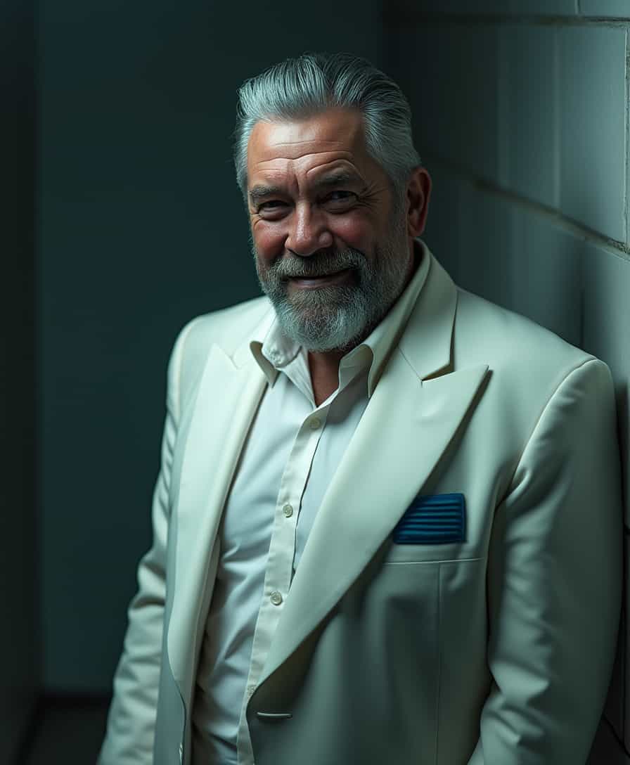 A cinematic high-fashion character portrait with soft box light, shot with a 35mm lens. The subject is a Caucasian man in his mid-50s, the head of a special unit managing the shelter and its shadowy overseer. He sports a thick, graying beard and short gray hair slicked back to the right in a classic style, with equally thick gray eyebrows framing a face etched with wrinkles that hold an expression of indignation hidden behind a broad smile. Though his height is below average, his broad shoulders and fuller build exude a commanding presence. He is dressed in a sleek, white matte, form-fitting jumpsuit overlaid by a classic white jacket adorned with a blue rectangular patch near the right pocket. The lighting is dramatic yet balanced, highlighting the textures of his features and attire, with cinematic color grading that reinforces a mood of controlled intensity and enigmatic authority 