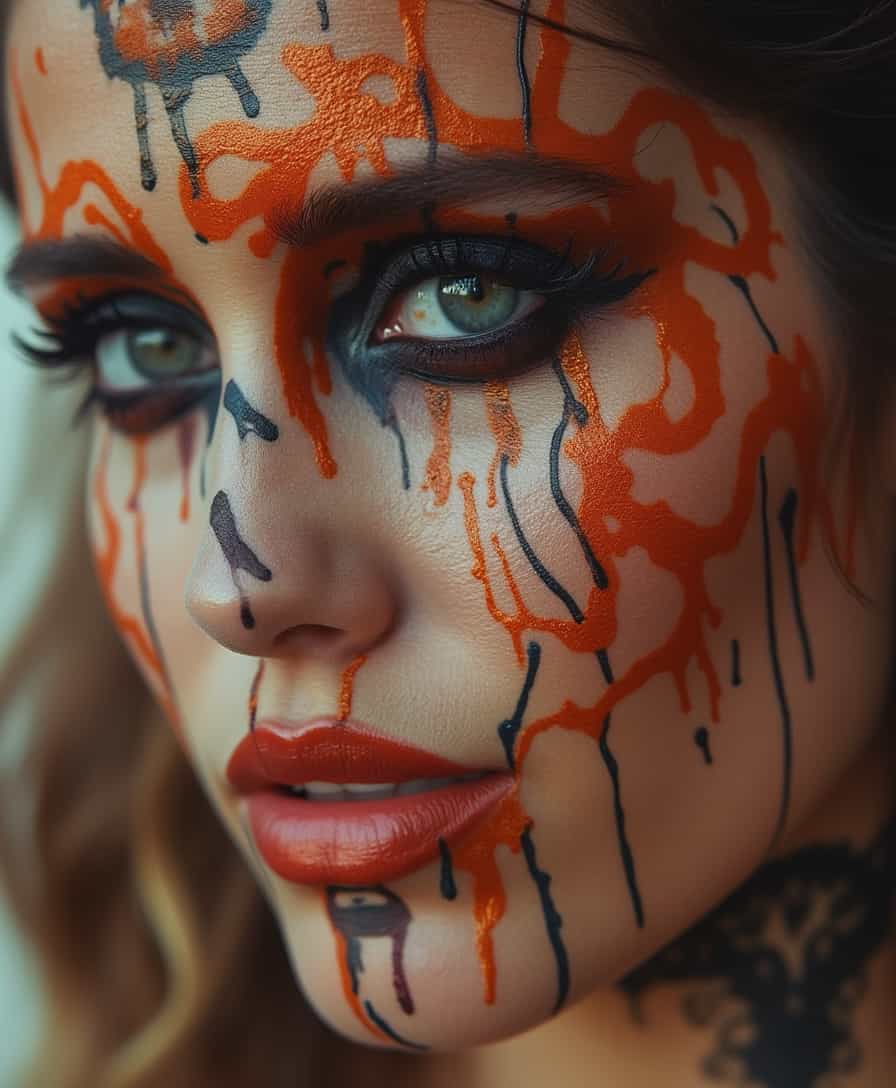 Realistic close-up shot of a single face with intricate, artistic face paint designs for an alternative lifestyle party. Creative, expressive, and tasteful. 