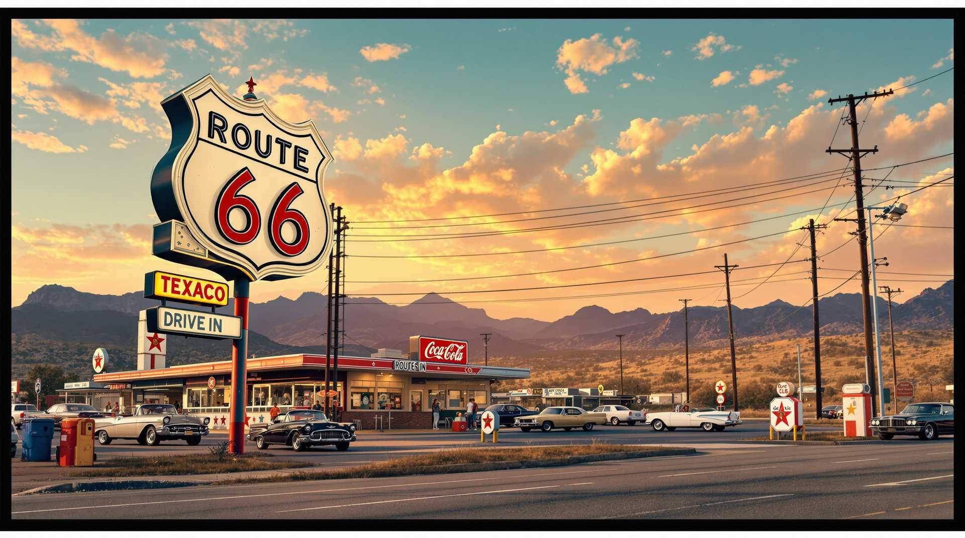 Movie Poster style 1950's route 66 classic advertisement, Route 66 sign, coca cola, texaco, drive-in 