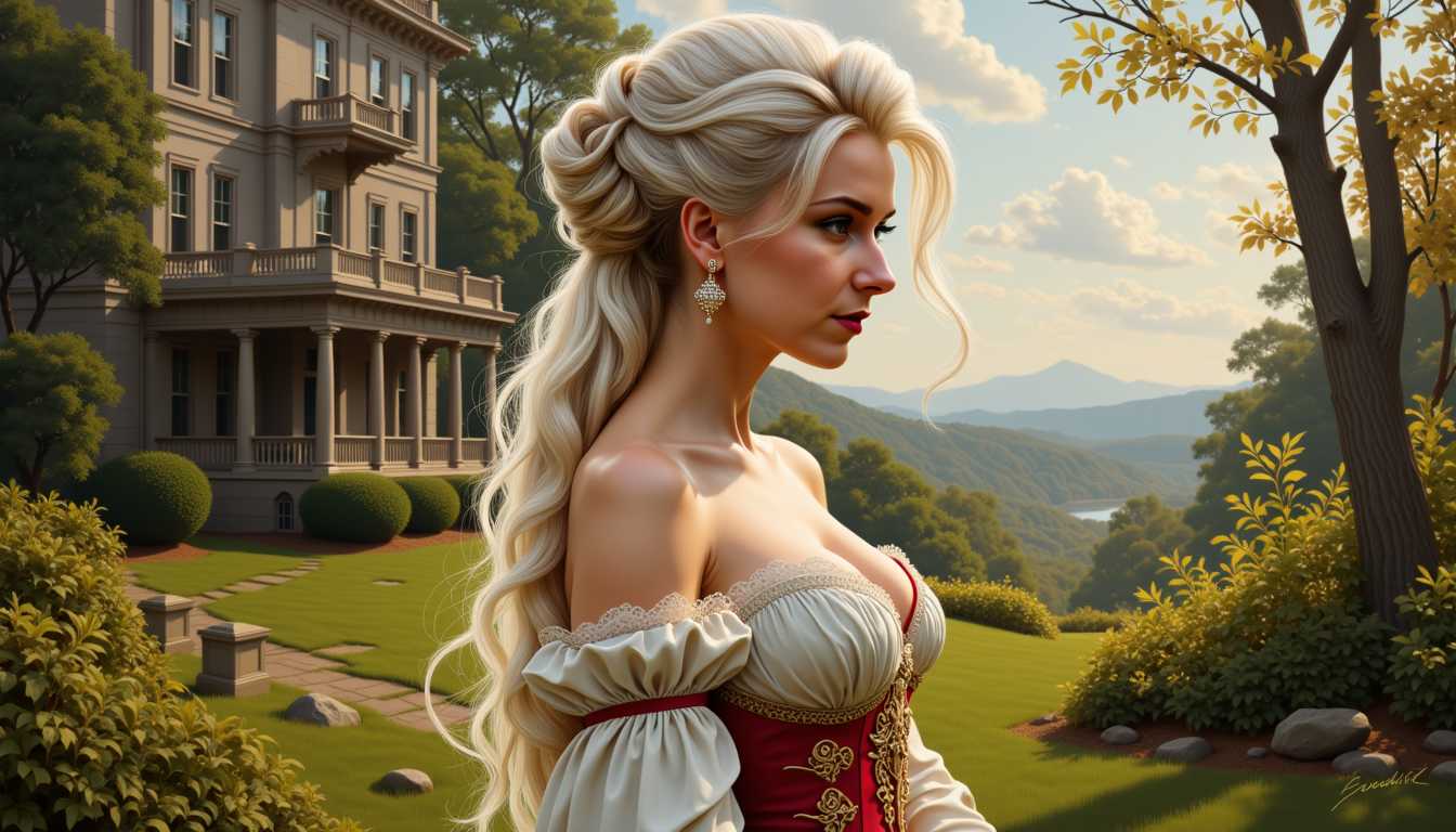 VS-LoRA-Zip2, as Elizabeth Anne Allen, stunnign victorian dress, breathtaking updo hairstyle on long white hair, a amazing villa in Georgia as background, a portrait painting of a blend of Artgerm and Rubens in the style of the Hudson River School, a breathtaking body, 8k, detailed, masterpiece
