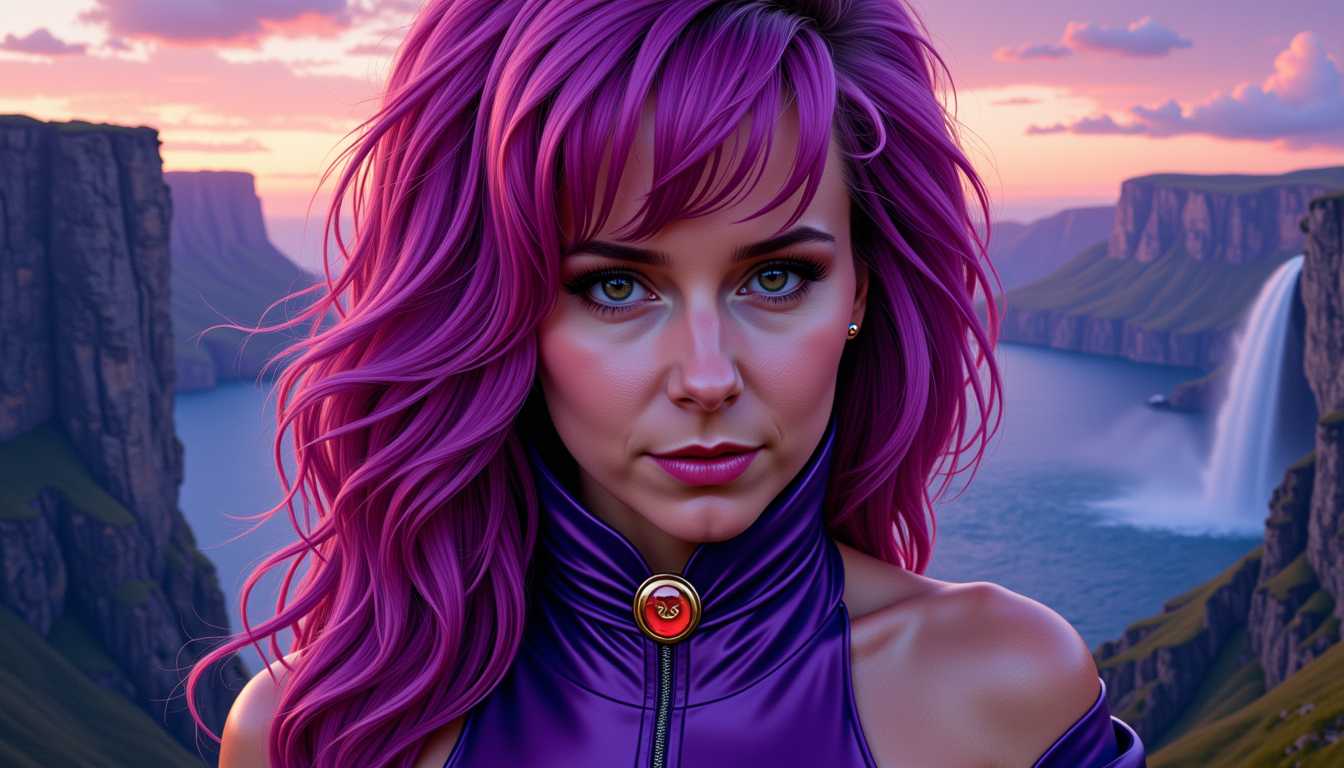 VS-LoRA-Zip2, VS-LoRA-Zip2, Amazing oil upper portrait of comic character  Kitty Pryde,  beautiful face and aura, stunning hero dress, looking at you, perfect centered, amazing sharp view to a landscape with rocks and waterfalls on the horizon as background, twilight mood, ultra realistic detail, choker style colar, detailed face, magic fantasy, wow effect, sticker, 2d cute, fantasy, dreamy, by Tim Burton, professional, sleek, modern, minimalist, graphic, line art,