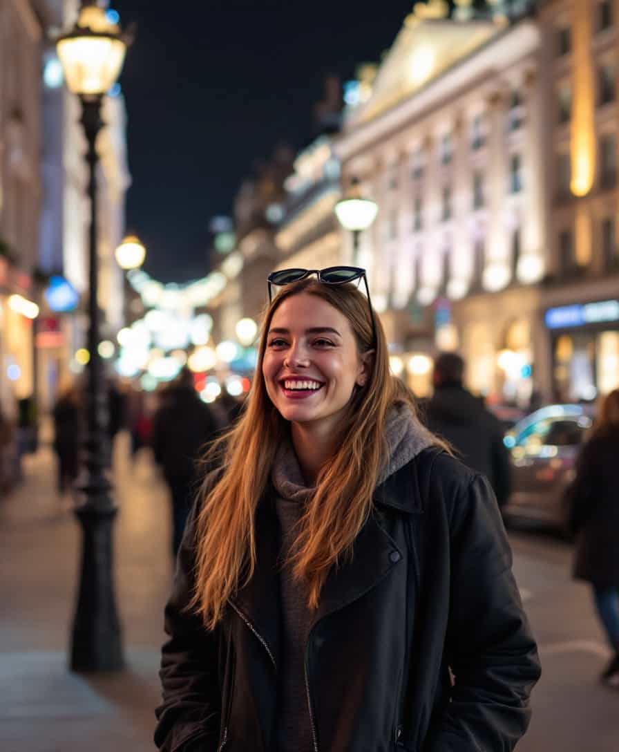 A smiling woman walking in London at night