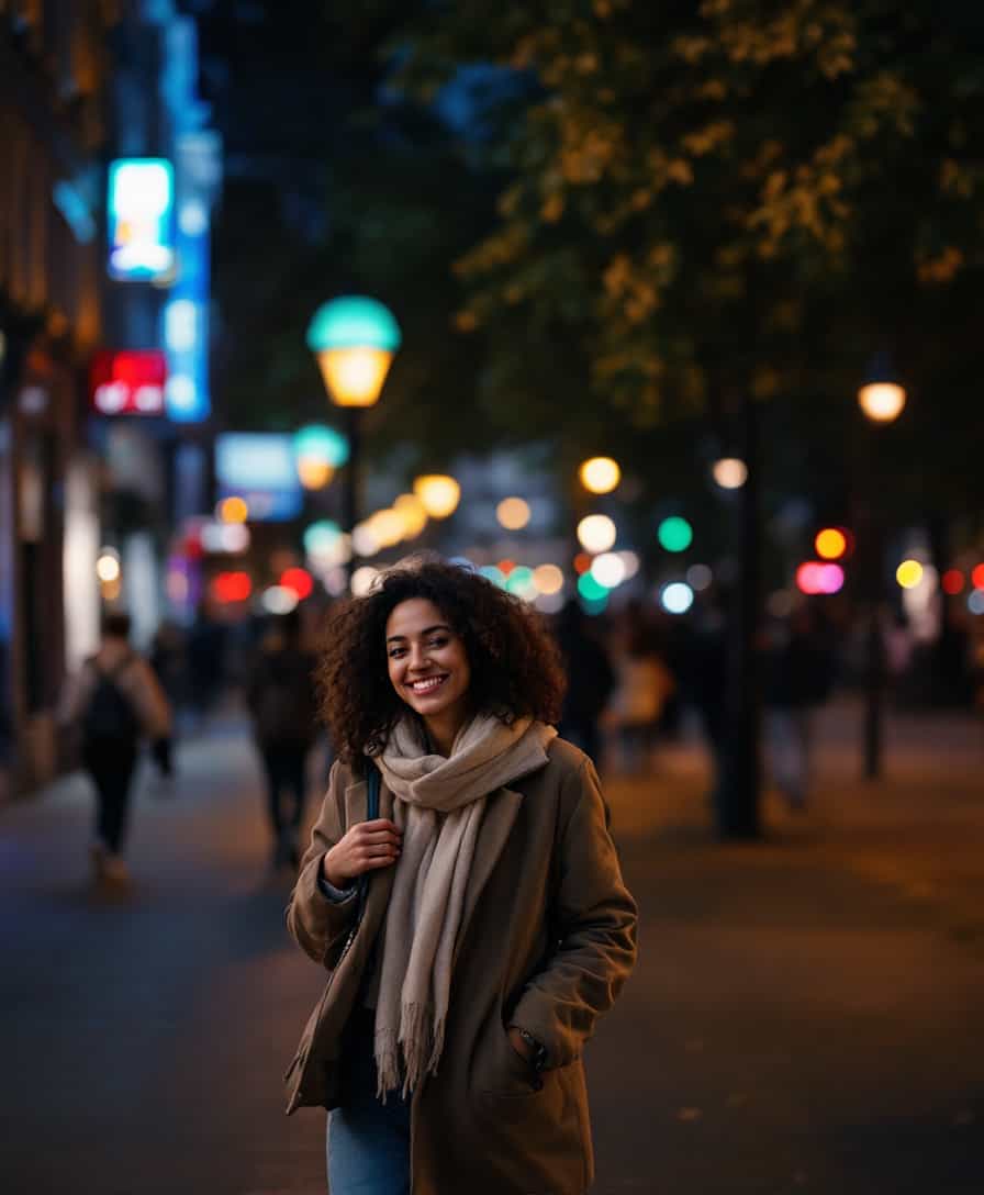 A smiling woman walking in London at night