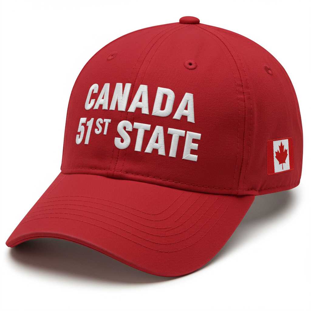 Create a red baseball cap for sale online that reads "CANADA 51ST STATE"