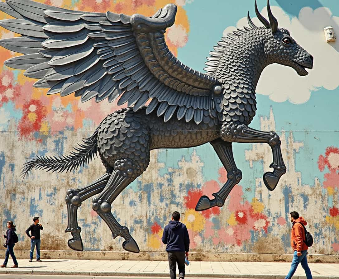 A mural transforms into a living metal animal. It leaps from the wall and walks among the people in the streets of Lisbon. 