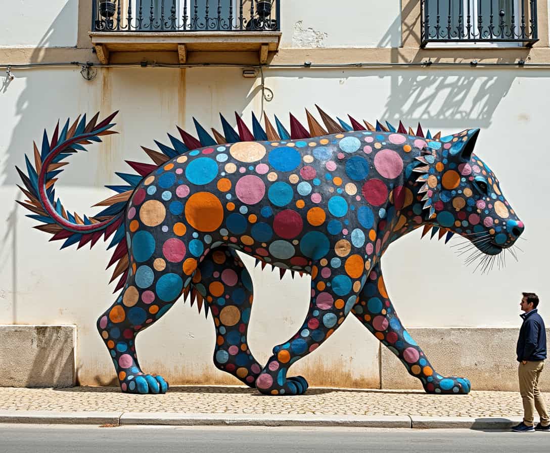 A mural transforms into a living metal animal. It leaps from the wall and walks among the people in the streets of Lisbon. 