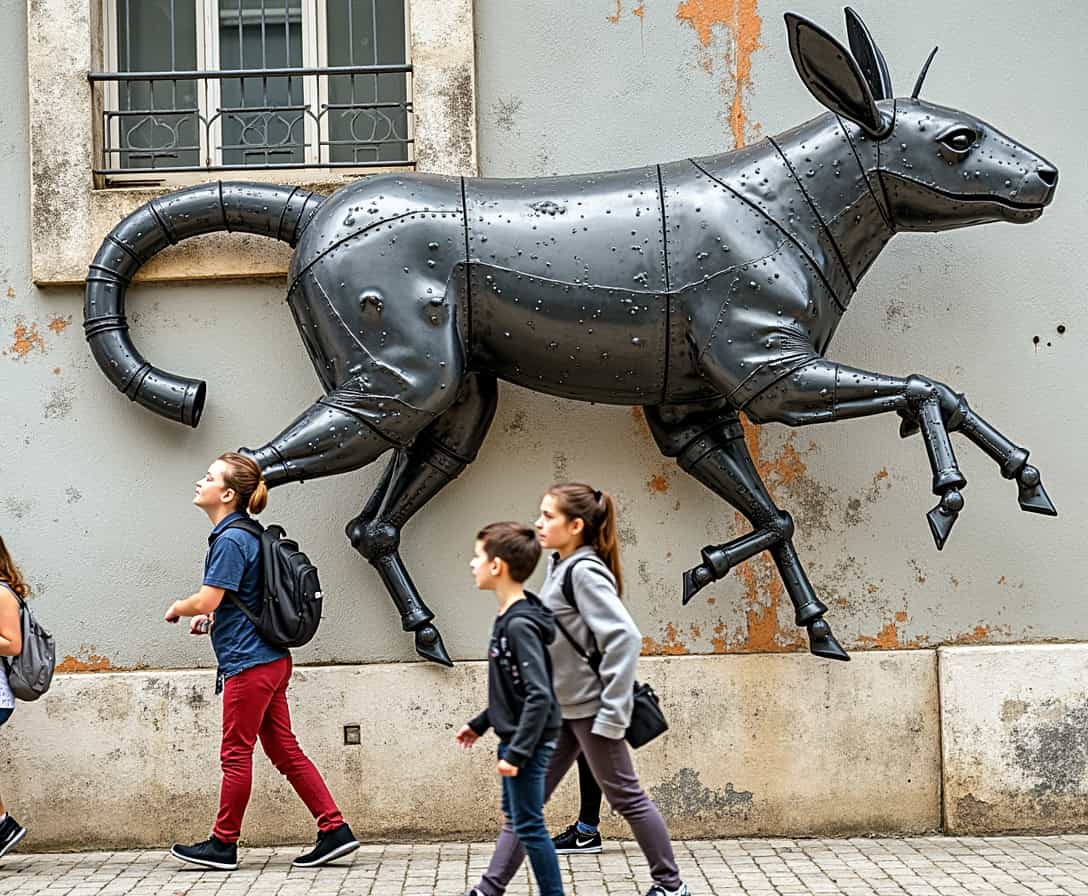 A mural transforms into a living metal animal. It leaps from the wall and walks among the people in the streets of Lisbon. 