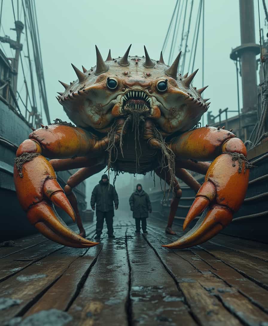 A colossal, hyper-realistic deep-sea crab with a rugged, spiked shell and massive, weathered claws stands on the deck of a fishing boat. Its monstrous face is covered in seaweed-like tendrils, with jagged, yellowed teeth visible beneath its rough exoskeleton. The fishermen, clad in heavy raincoats and gloves, cautiously observe the creature in the cold, misty air. The dockside setting is overcast and foggy, with industrial fishing equipment, ropes, and rigging in the background. The wet wooden planks of the ship reflect the muted daylight, enhancing the eerie, cinematic atmosphere. The image blends maritime realism with an otherworldly sense of scale and detail, emphasizing the creature’s organic textures and the gritty, damp environment.