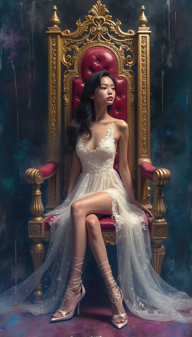 Slim and slender girl in elegant white mini dress and heels sitting on a majestic, ornate throne chair adorned with vibrant, dreamy watercolors, featuring soft, whimsical brush strokes and delicate, almost ethereal textures that evoke a sense of mystique and luxury, with the colors blending and merging in a subtle, gradient-like fashion, upon a rich, velvety background that appears almost black, but with hints of dark blue and purple undertones, evoking an air of mystery and sophistication.