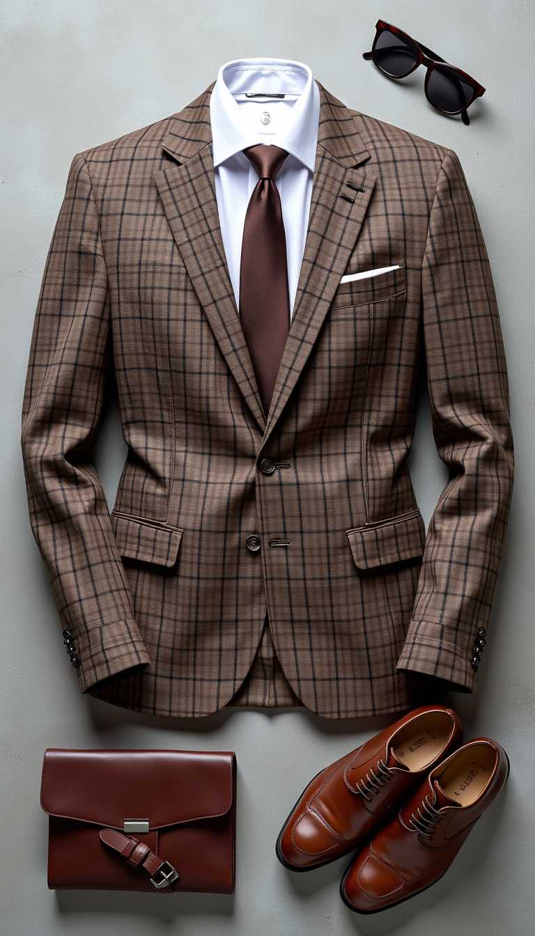 A stylish flat lay composition featuring a perfectly tailored brown checked suit jacket, a crisp white dress shirt neatly folded, and a sleek brown tie elegantly placed beside them. The ensemble also includes a pair of polished brown leather dress shoes, a classic brown belt with a silver buckle, and a stylish pair of black sunglasses. The elements are arranged in a modern, masculine fashion, exuding confidence and power. The background is a neutral grey concrete texture, emphasizing the high-end aesthetic and luxury feel. The lighting is soft and natural, casting subtle shadows that highlight the textures and details of the clothing.
